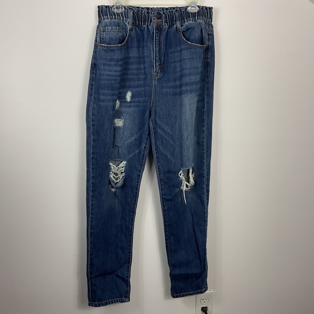 Risen Women's Distressed High Rise Elastic Waist Jeans Size 13